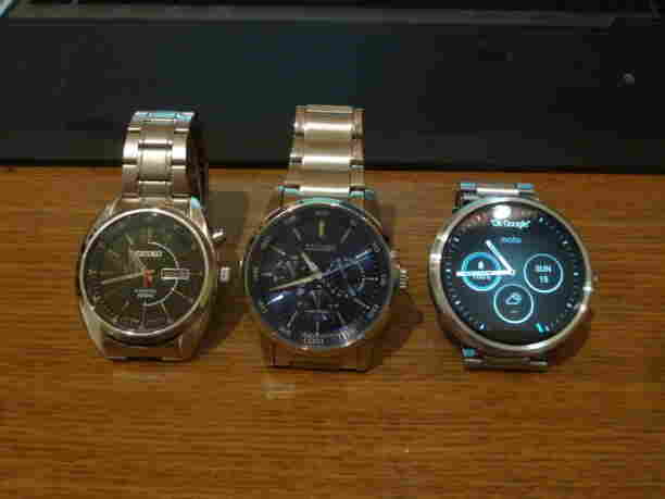 Left to right: Seiko Kinetic, Citizen Eco-Drive, and Moto 360